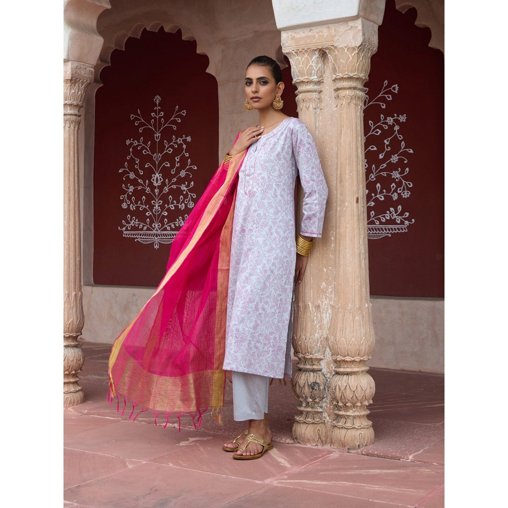House of Chikankari Glazed Cotton Hand Block Grey Kurta and Pant with Dupatta (Set of 3)
