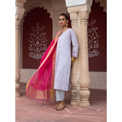 House of Chikankari Glazed Cotton Hand Block Grey Kurta and Pant with Dupatta (Set of 3)
