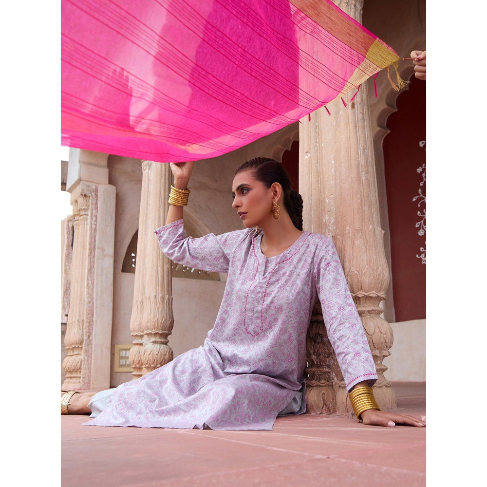 House of Chikankari Glazed Cotton Hand Block Grey Kurta and Pant with Dupatta (Set of 3)