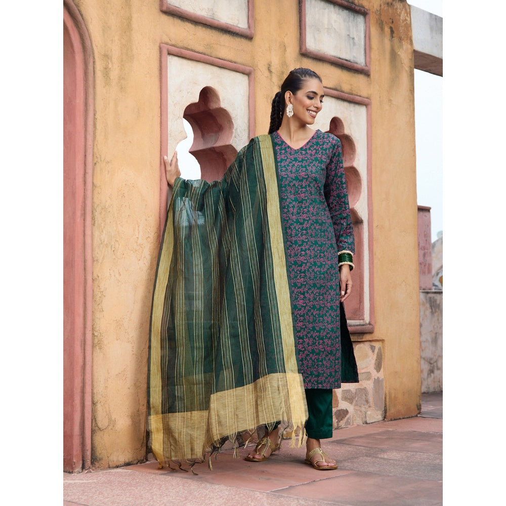 House of Chikankari Glazed Cotton Hand Block Green Kurta and Pant with Dupatta (Set of 3)
