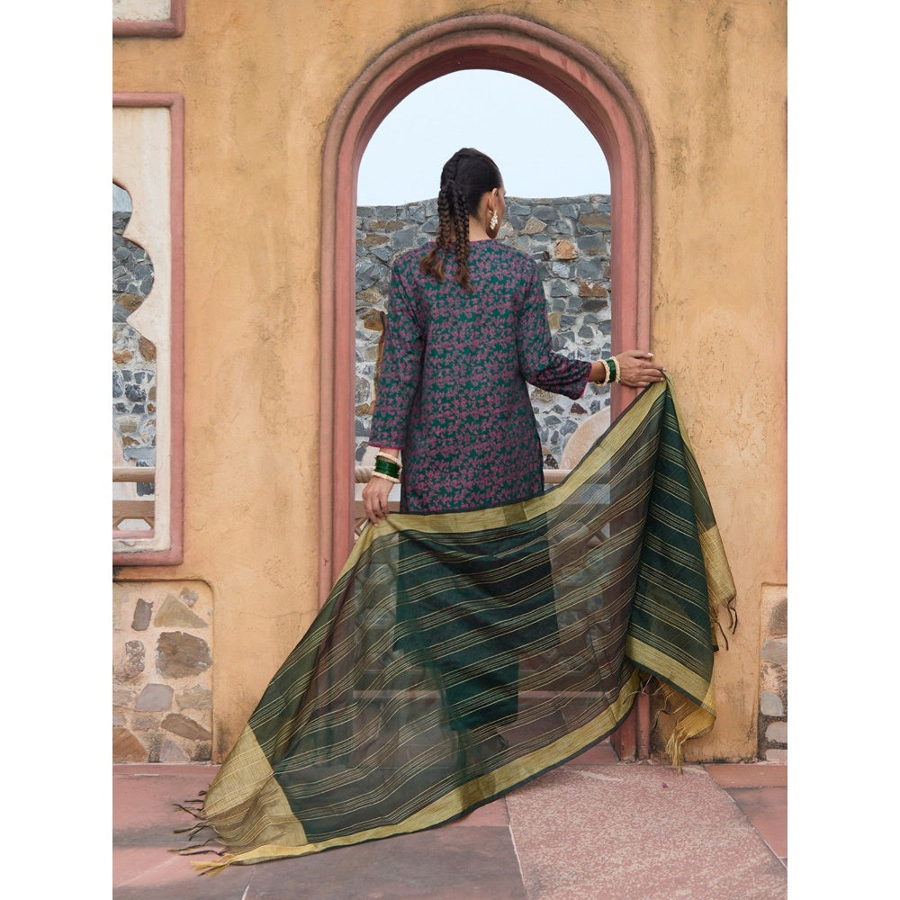 House of Chikankari Glazed Cotton Hand Block Green Kurta and Pant with Dupatta (Set of 3)