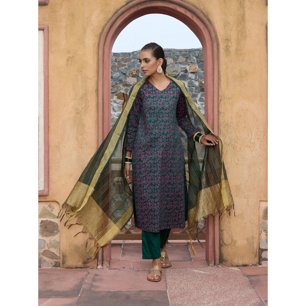 House of Chikankari Glazed Cotton Hand Block Green Kurta and Pant with Dupatta (Set of 3)