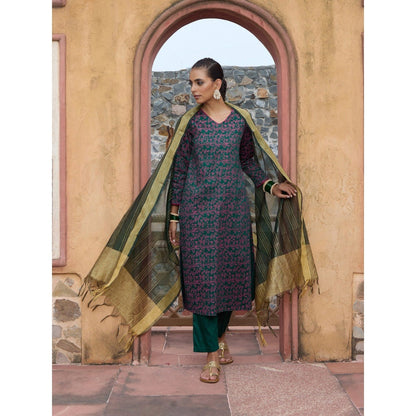 House of Chikankari Glazed Cotton Hand Block Green Kurta and Pant with Dupatta (Set of 3)