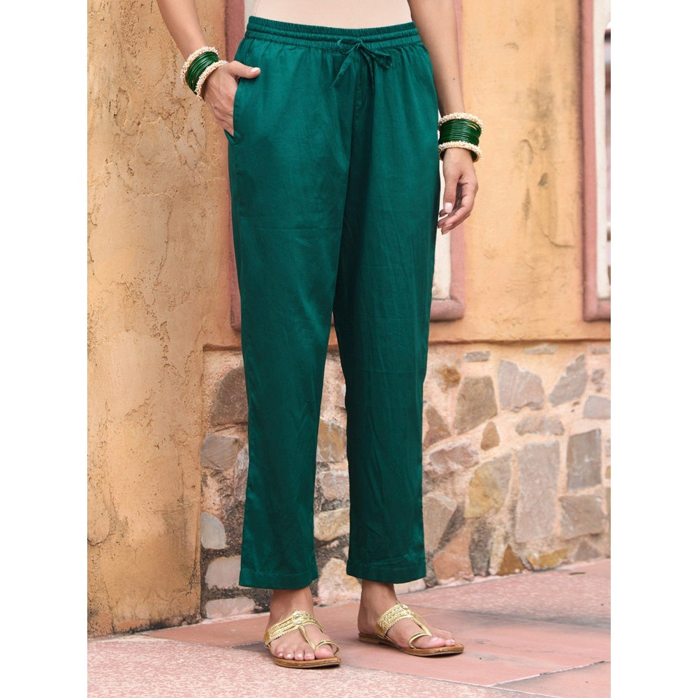 House of Chikankari Glazed Cotton Hand Block Green Kurta and Pant with Dupatta (Set of 3)