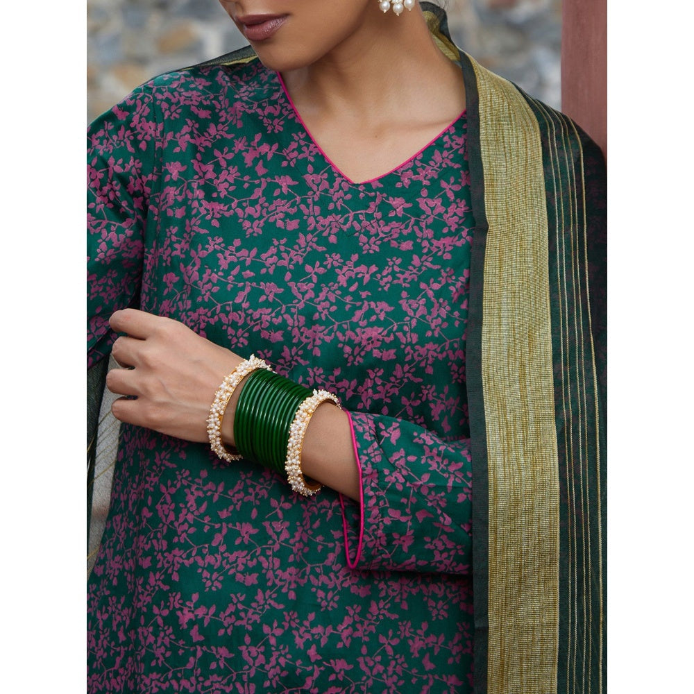 House of Chikankari Glazed Cotton Hand Block Green Kurta and Pant with Dupatta (Set of 3)