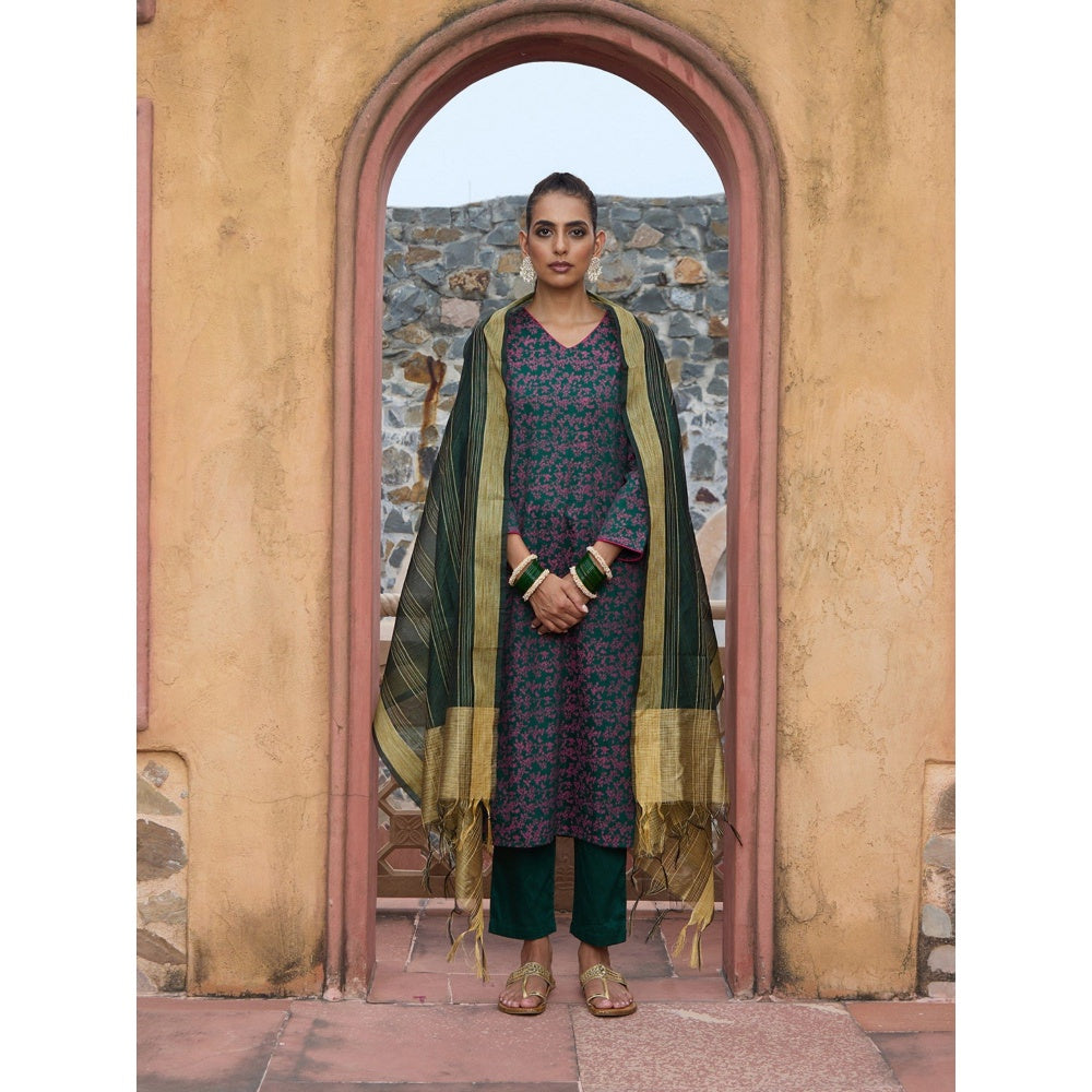 House of Chikankari Glazed Cotton Hand Block Green Kurta and Pant with Dupatta (Set of 3)