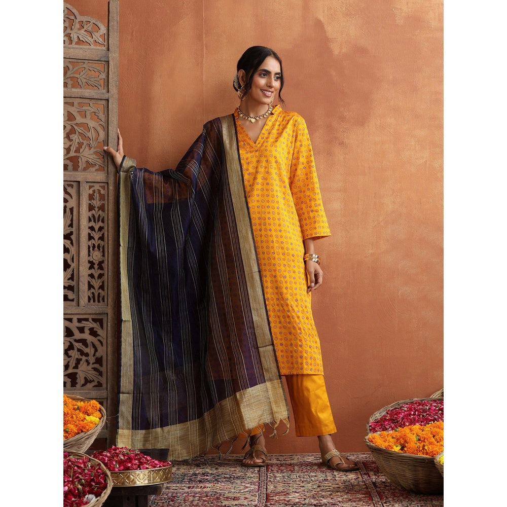 House of Chikankari Glazed Cotton Hand Block Mustard Kurta and Pant with Dupatta (Set of 3)