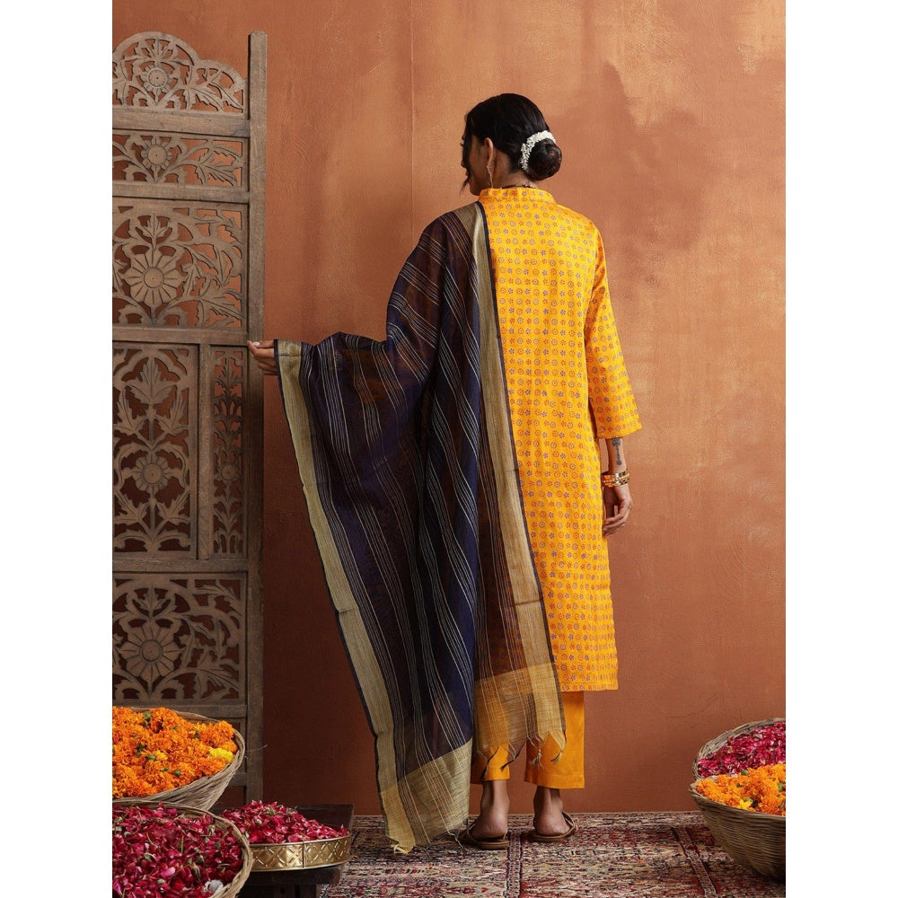 House of Chikankari Glazed Cotton Hand Block Mustard Kurta and Pant with Dupatta (Set of 3)