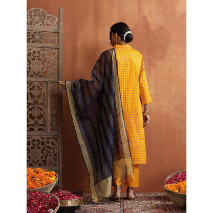 House of Chikankari Glazed Cotton Hand Block Mustard Kurta and Pant with Dupatta (Set of 3)