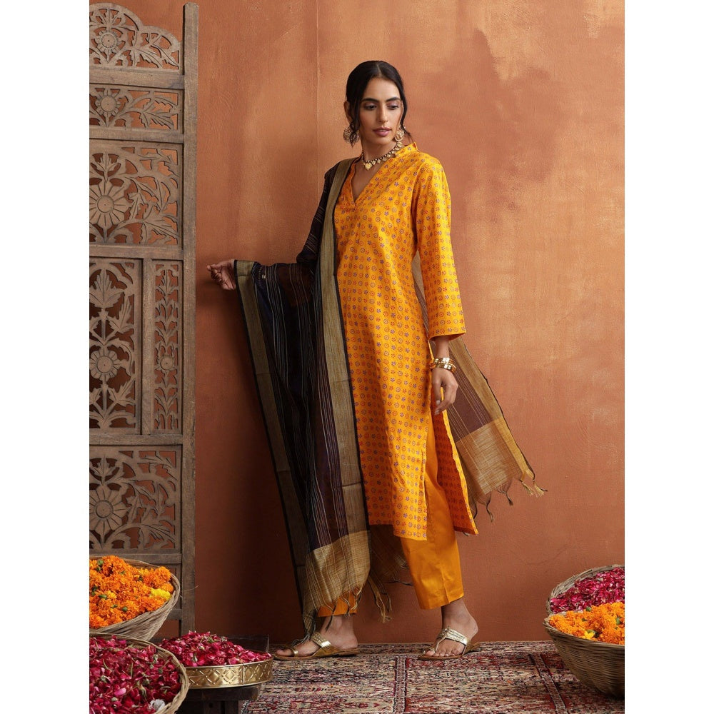 House of Chikankari Glazed Cotton Hand Block Mustard Kurta and Pant with Dupatta (Set of 3)
