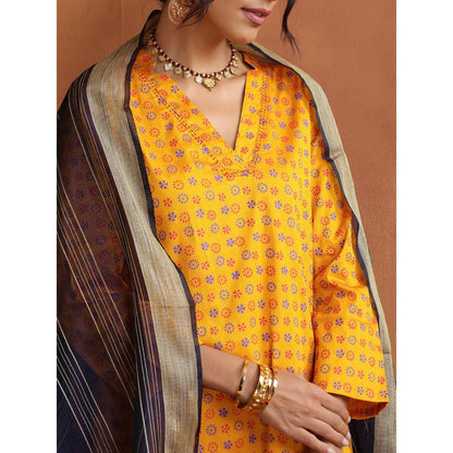 House of Chikankari Glazed Cotton Hand Block Mustard Kurta and Pant with Dupatta (Set of 3)