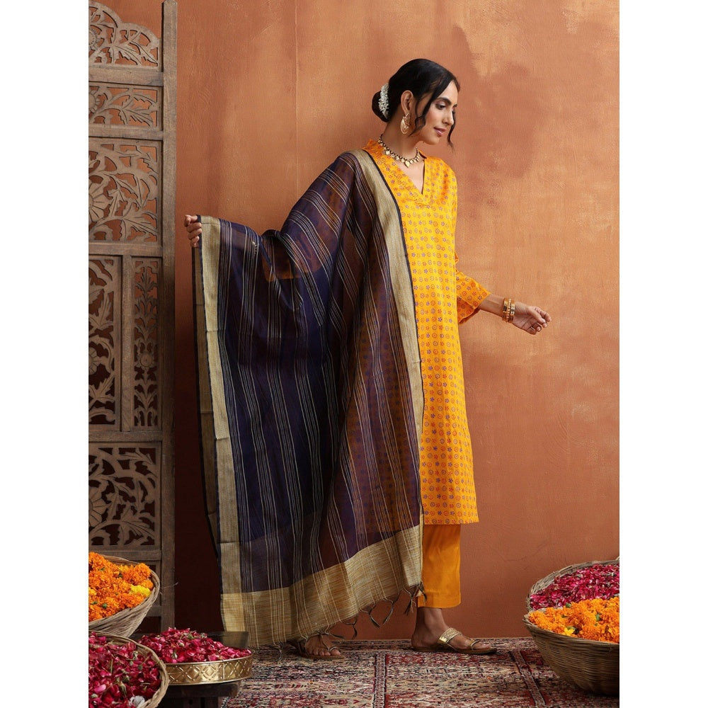 House of Chikankari Glazed Cotton Hand Block Mustard Kurta and Pant with Dupatta (Set of 3)