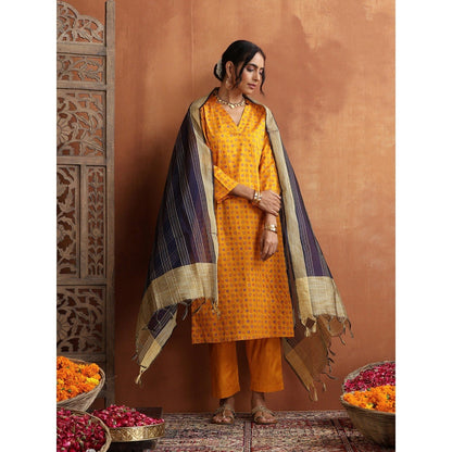 House of Chikankari Glazed Cotton Hand Block Mustard Kurta and Pant with Dupatta (Set of 3)