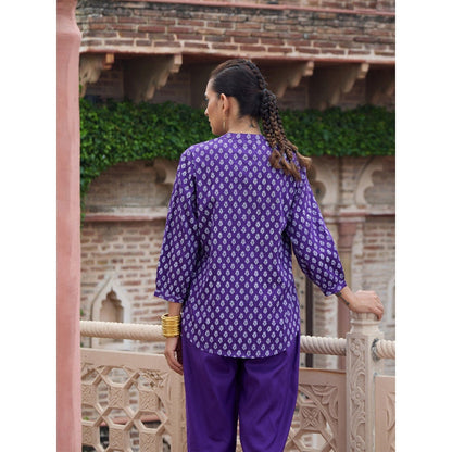 House of Chikankari Glazed Cotton Hand Block Purple Co-Ord (Set of 2)