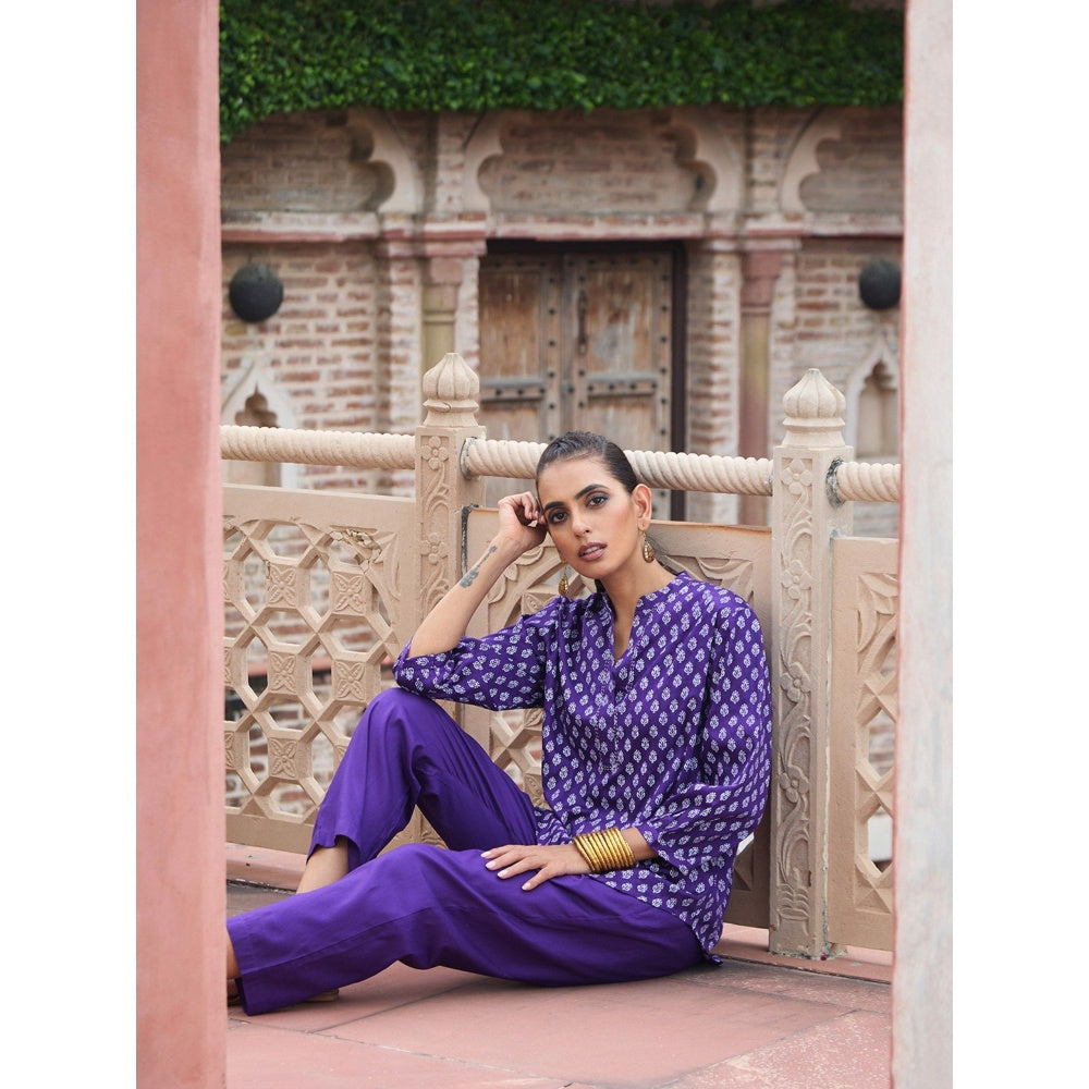 House of Chikankari Glazed Cotton Hand Block Purple Co-Ord (Set of 2)