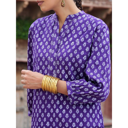 House of Chikankari Glazed Cotton Hand Block Purple Co-Ord (Set of 2)