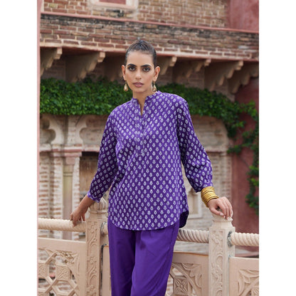 House of Chikankari Glazed Cotton Hand Block Purple Co-Ord (Set of 2)