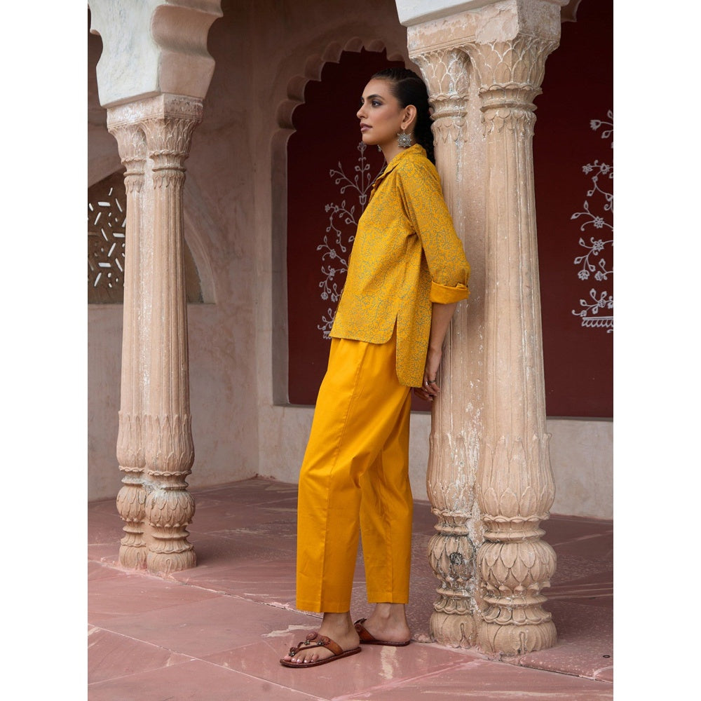 House of Chikankari Glazed Cotton Hand Block Mustard Co-Ord (Set of 2)
