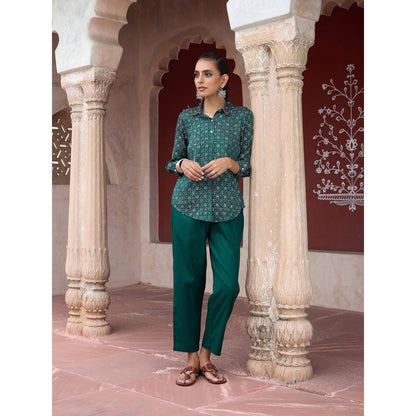 House of Chikankari Glazed Cotton Hand Block Green Co-Ord (Set of 2)