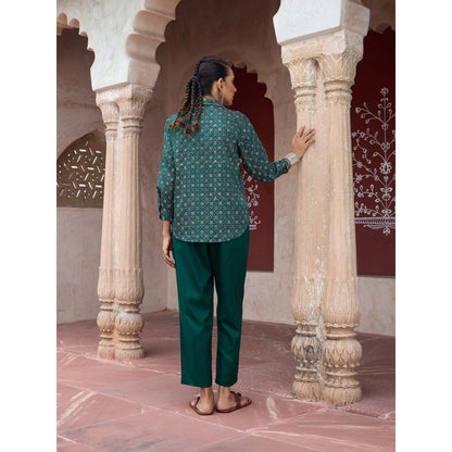 House of Chikankari Glazed Cotton Hand Block Green Co-Ord (Set of 2)