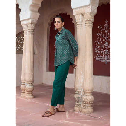 House of Chikankari Glazed Cotton Hand Block Green Co-Ord (Set of 2)