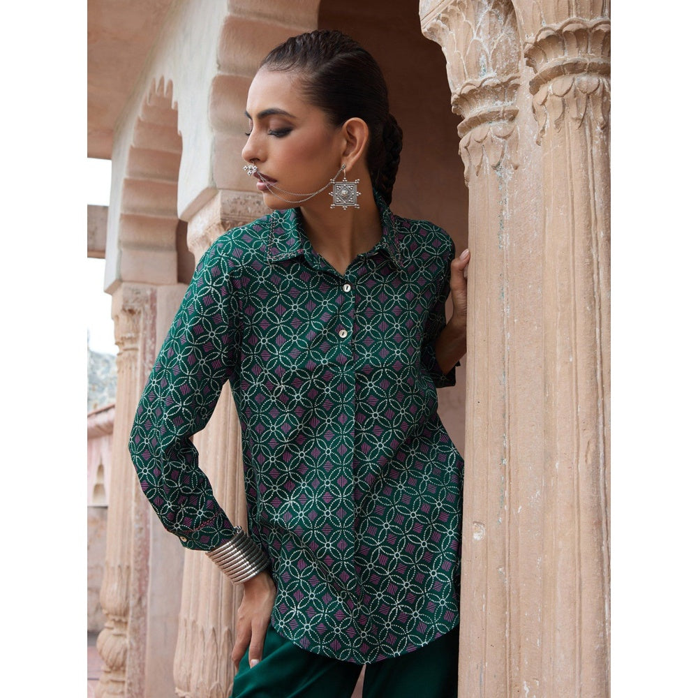 House of Chikankari Glazed Cotton Hand Block Green Co-Ord (Set of 2)