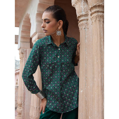 House of Chikankari Glazed Cotton Hand Block Green Co-Ord (Set of 2)
