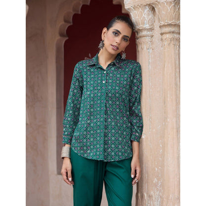 House of Chikankari Glazed Cotton Hand Block Green Co-Ord (Set of 2)