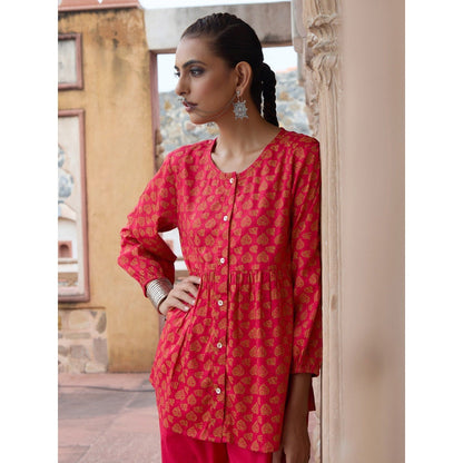 House of Chikankari Glazed Cotton Hand Block Pink Co-Ord (Set of 2)