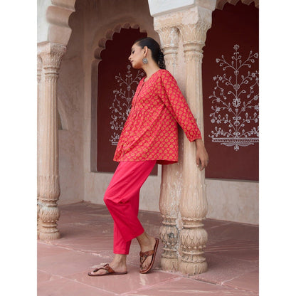 House of Chikankari Glazed Cotton Hand Block Pink Co-Ord (Set of 2)