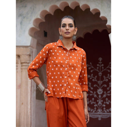 House of Chikankari Glazed Cotton Hand Block Rust Co-Ord (Set of 2)