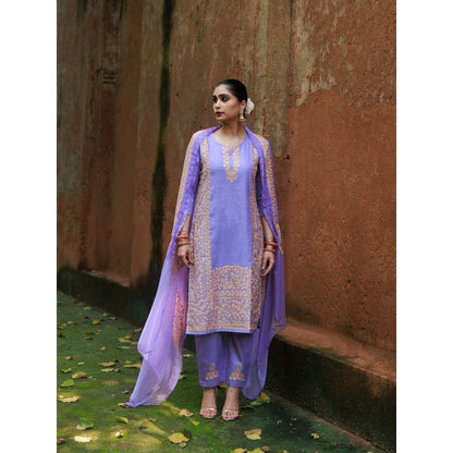 House of Chikankari Cotton Aari Embroidered Kurta with Pant and Dupatta - Lavender (Set of 3)