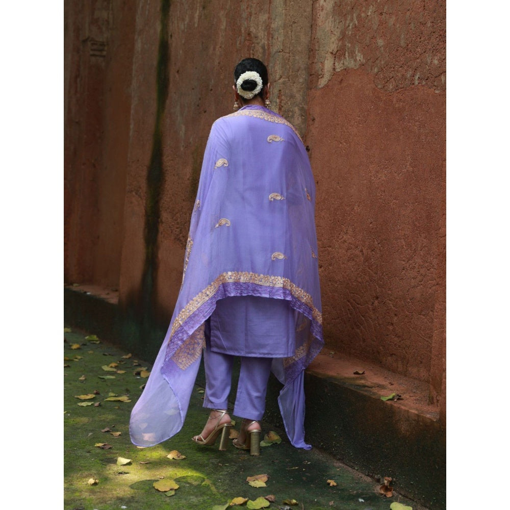 House of Chikankari Cotton Aari Embroidered Kurta with Pant and Dupatta - Lavender (Set of 3)