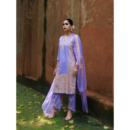 House of Chikankari Cotton Aari Embroidered Kurta with Pant and Dupatta - Lavender (Set of 3)
