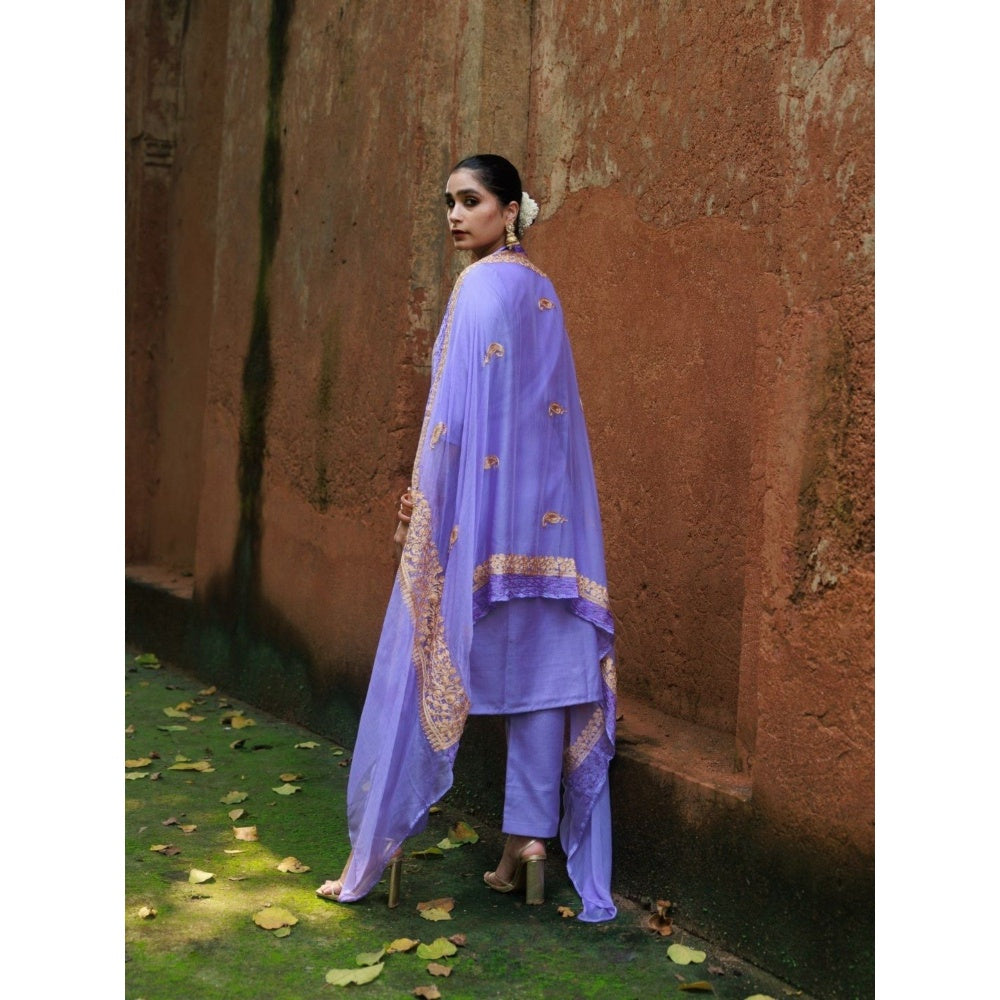 House of Chikankari Cotton Aari Embroidered Kurta with Pant and Dupatta - Lavender (Set of 3)