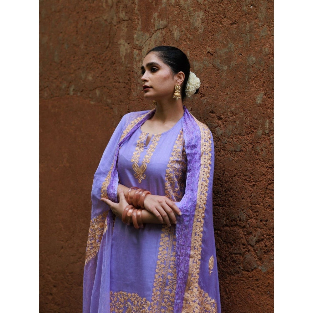 House of Chikankari Cotton Aari Embroidered Kurta with Pant and Dupatta - Lavender (Set of 3)