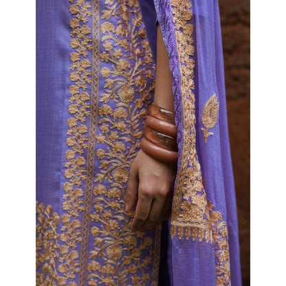 House of Chikankari Cotton Aari Embroidered Kurta with Pant and Dupatta - Lavender (Set of 3)