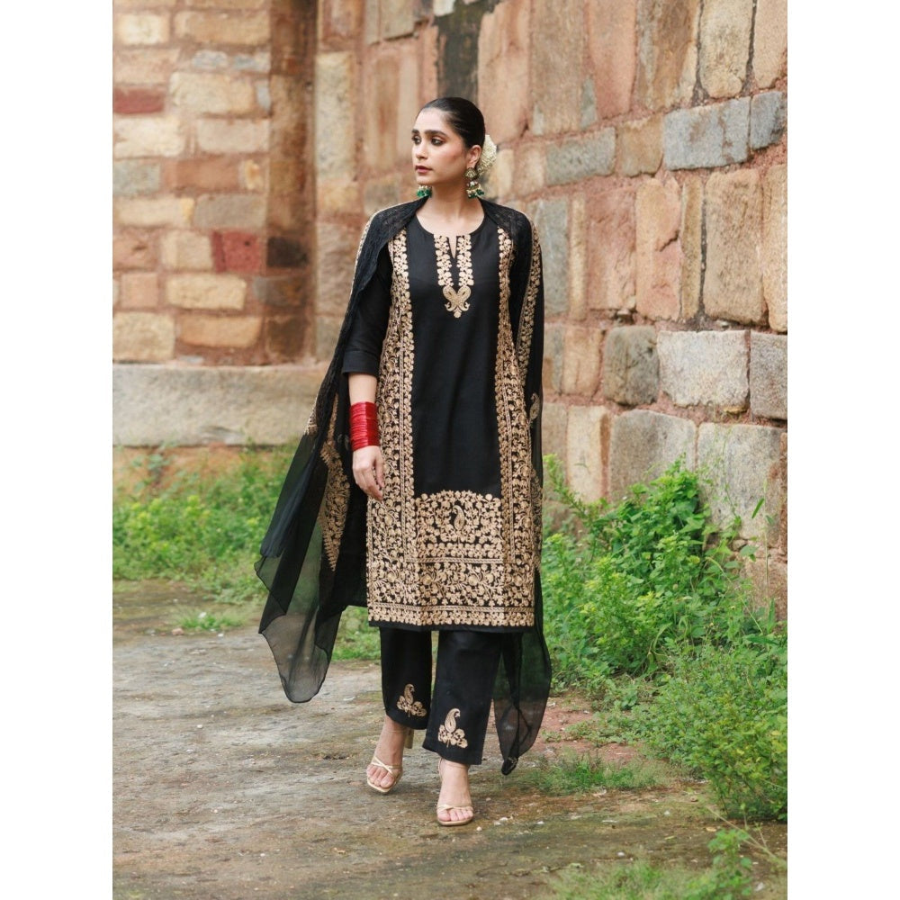 House of Chikankari Cotton Aari Embroidered Kurta with Pant and Dupatta - Black (Set of 3)