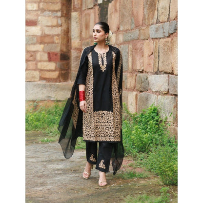 House of Chikankari Cotton Aari Embroidered Kurta with Pant and Dupatta - Black (Set of 3)