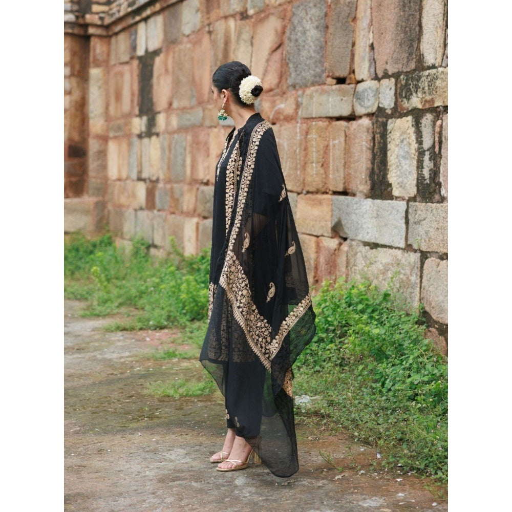 House of Chikankari Cotton Aari Embroidered Kurta with Pant and Dupatta - Black (Set of 3)