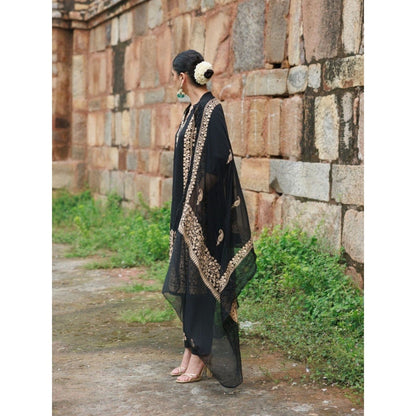 House of Chikankari Cotton Aari Embroidered Kurta with Pant and Dupatta - Black (Set of 3)