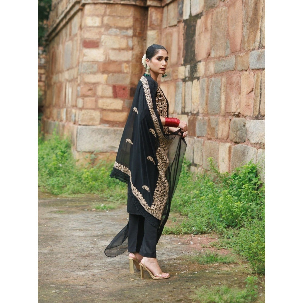 House of Chikankari Cotton Aari Embroidered Kurta with Pant and Dupatta - Black (Set of 3)