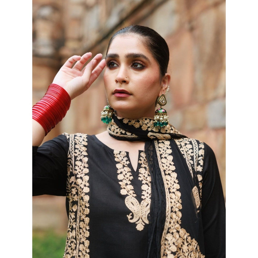 House of Chikankari Cotton Aari Embroidered Kurta with Pant and Dupatta - Black (Set of 3)