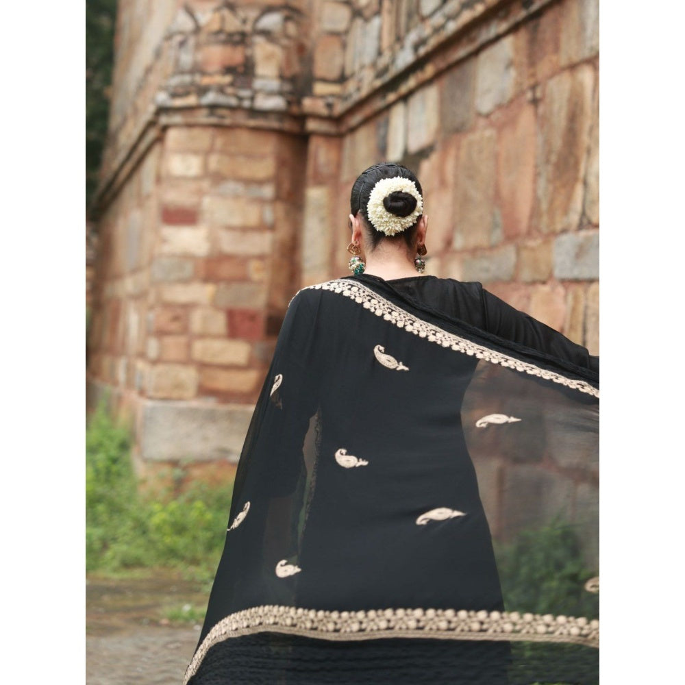House of Chikankari Cotton Aari Embroidered Kurta with Pant and Dupatta - Black (Set of 3)