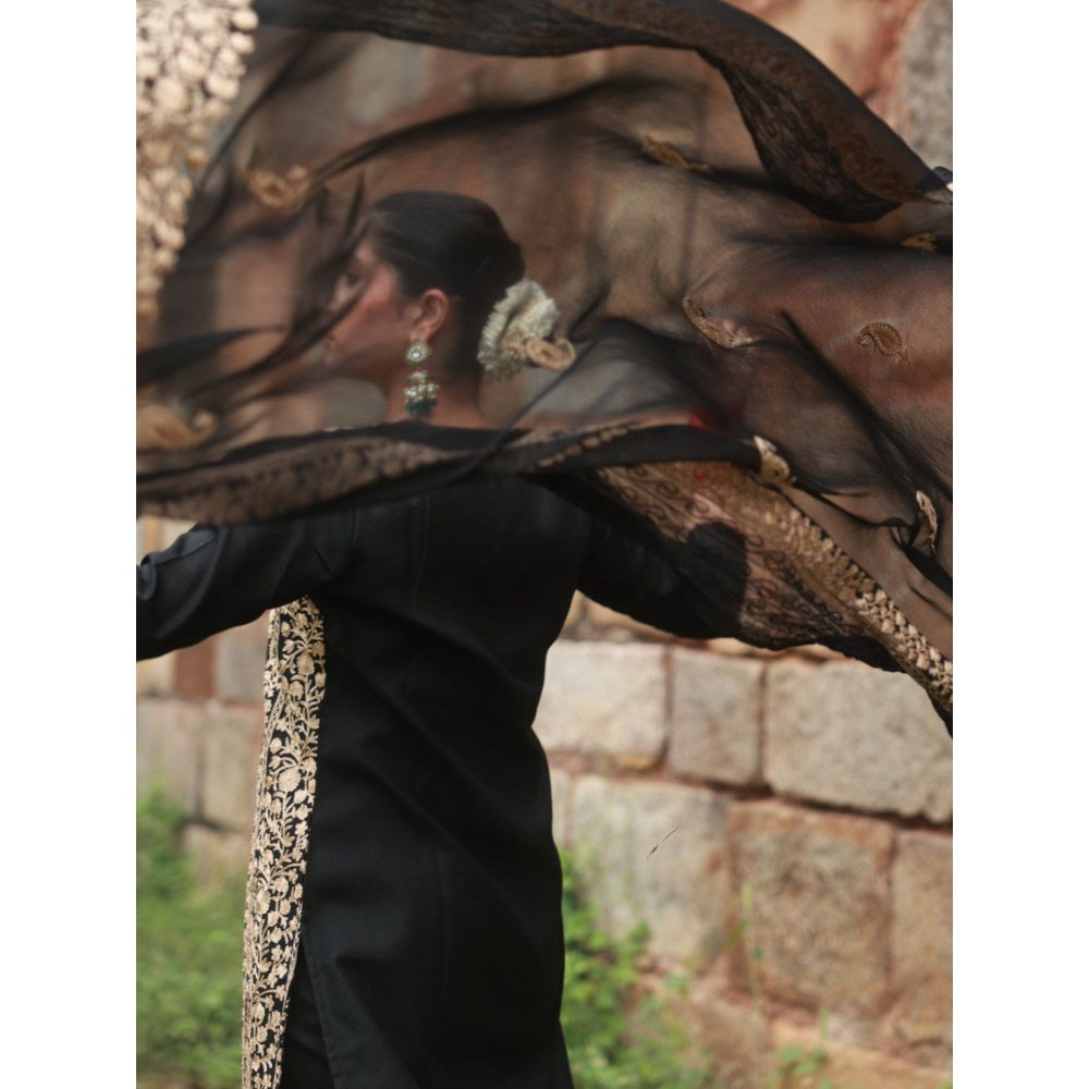 House of Chikankari Cotton Aari Embroidered Kurta with Pant and Dupatta - Black (Set of 3)