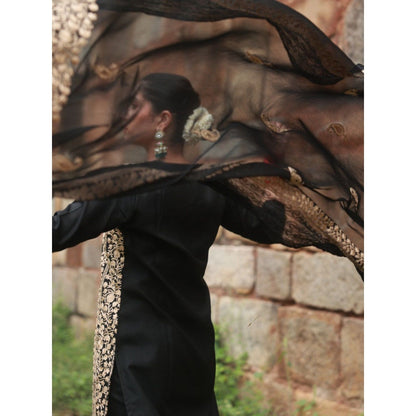 House of Chikankari Cotton Aari Embroidered Kurta with Pant and Dupatta - Black (Set of 3)