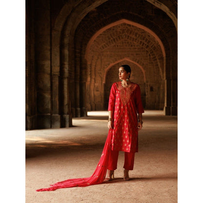House of Chikankari Cotton Aari Embroidered Kurta with Pant and Dupatta - Red (Set of 3)