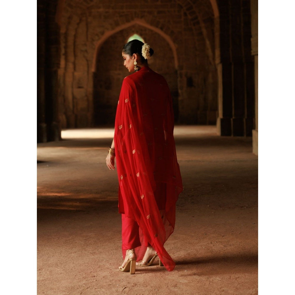 House of Chikankari Cotton Aari Embroidered Kurta with Pant and Dupatta - Red (Set of 3)