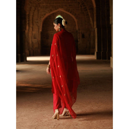 House of Chikankari Cotton Aari Embroidered Kurta with Pant and Dupatta - Red (Set of 3)