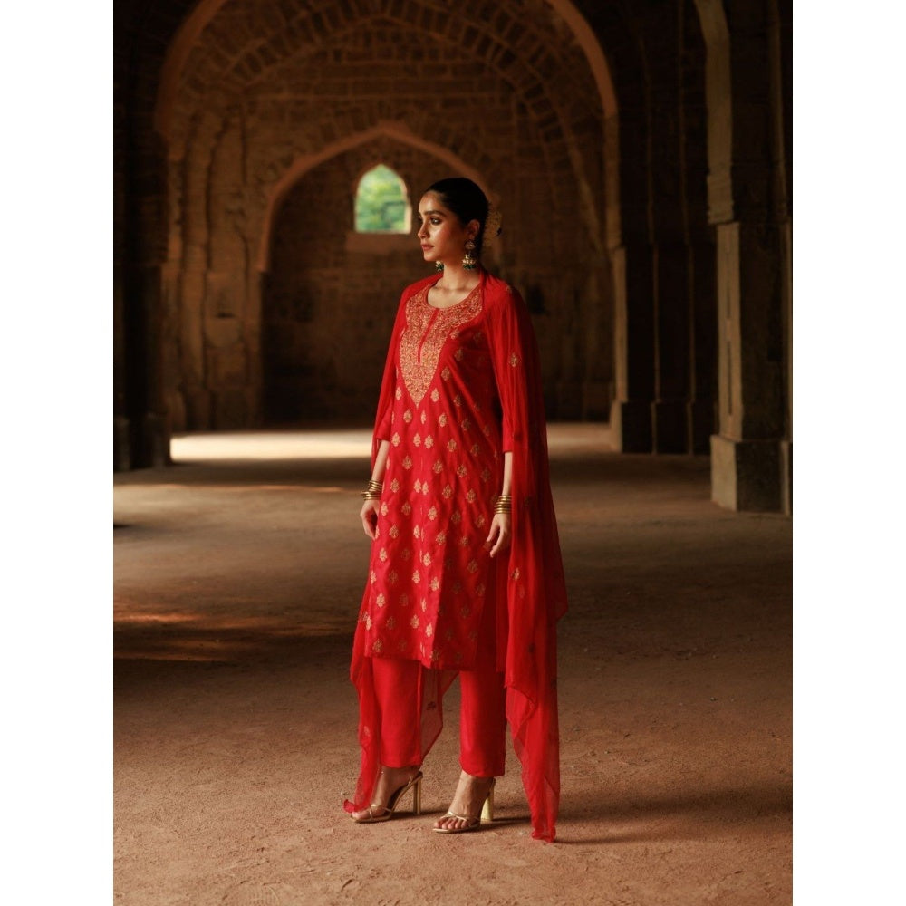 House of Chikankari Cotton Aari Embroidered Kurta with Pant and Dupatta - Red (Set of 3)